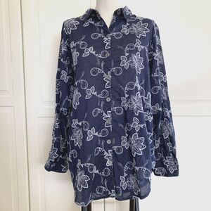 Coldwater Creek Navy Blue Floral Embroidered Button Up Shirt Long Sleeve Women L